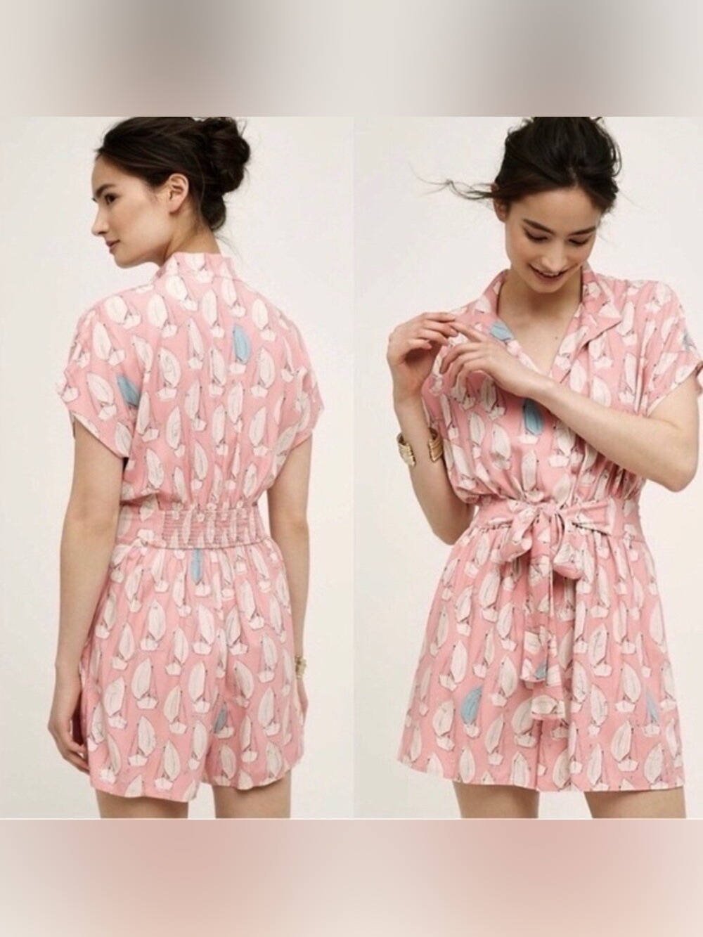 Maeve Pink Printed Short-Sleeve Tie-Waist Romper (12, fits smaller)